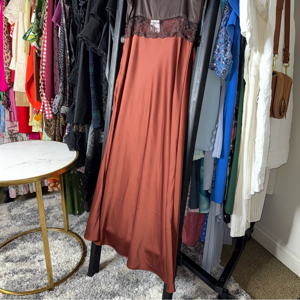 Abercrombie & Fitch Brown Satin Lace Panel Slip Dress Womens Medium New NWT - Picture 14 of 15